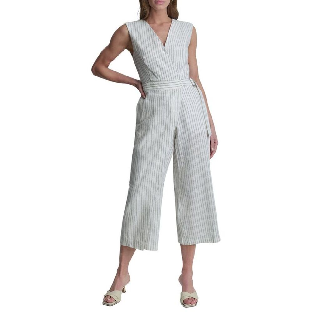 Dkny Womens Striped Linen-Blend Jumpsuit, White